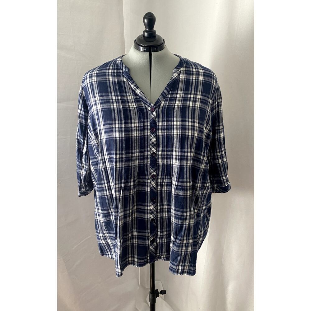 Catherines Blue Plaid Cotton Blend Blouse  Size 3xPetites